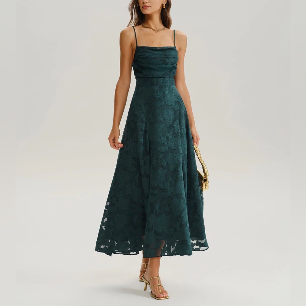 Rihoas Green Jacquard A-Line Slip Maxi Dress